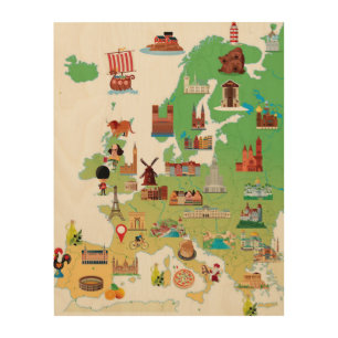 Europe Cartoon Map Wood Wall Art