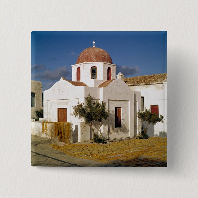 Europe, Greece, Mykonos. Fishing nets dry on the Pinback Button (Front)