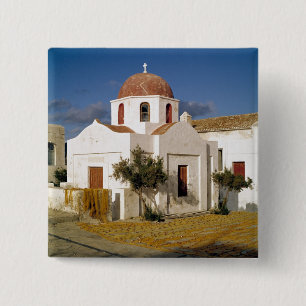 Europe, Greece, Mykonos. Fishing nets dry on the Pinback Button