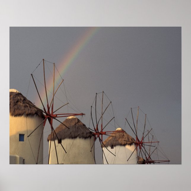 Europe, Greece, Mykonos. wind mill with rainbow Poster (Front)