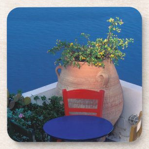 Europe, Greece, Santorini. Terrace with sea view Drink Coaster