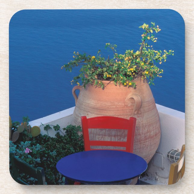 Europe, Greece, Santorini. Terrace with sea view Drink Coaster (Front)