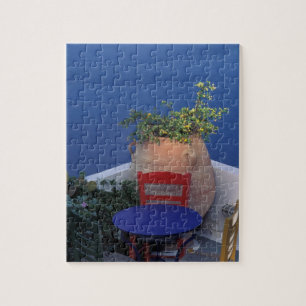 Europe, Greece, Santorini. Terrace with sea view Jigsaw Puzzle
