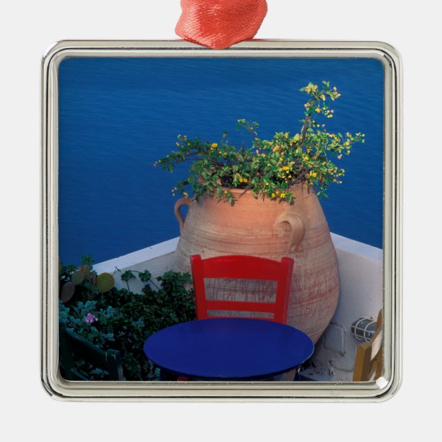 Europe, Greece, Santorini. Terrace with sea view Metal Ornament (Front)