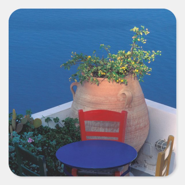 Europe, Greece, Santorini. Terrace with sea view Square Sticker (Front)