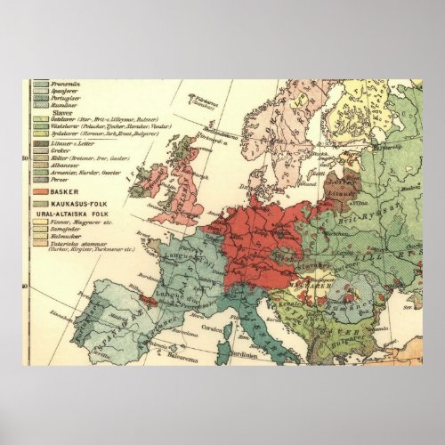 Europe Map Countries World Antique Poster