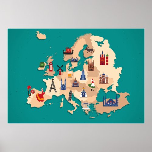 EUROPE MAP COUNTRY ELEMENTS ILLUSTRATION DESIGN POSTER