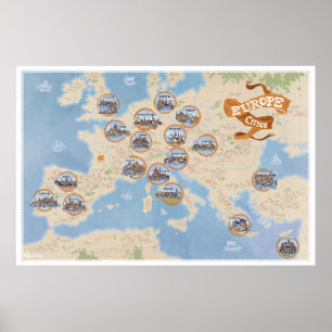 Europe map with vintage cities - Poster Paper