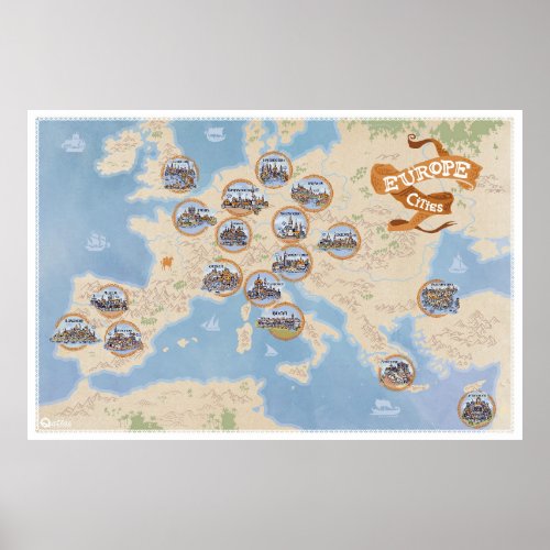 Europe map with vintage cities _ Poster Paper