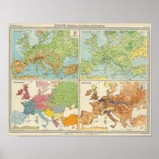 Europe physical features & population Map Poster (Front)