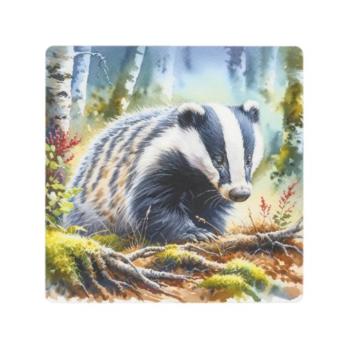 European Badger in the Forest REF47 _ Watercolor Metal Print