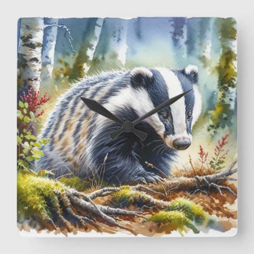 European Badger in the Forest REF47 _ Watercolor Square Wall Clock