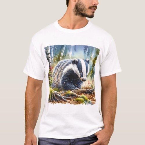 European Badger in the Forest REF47 _ Watercolor T_Shirt