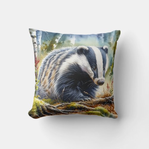 European Badger in the Forest REF47 _ Watercolor Throw Pillow