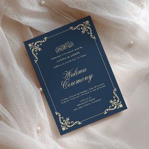 European Baroque Frame Navy Blue Walima Ceremony Invitation