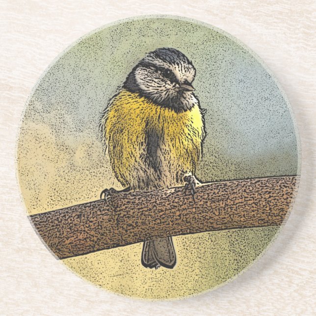 European blue tit sandstone coaster (Front)