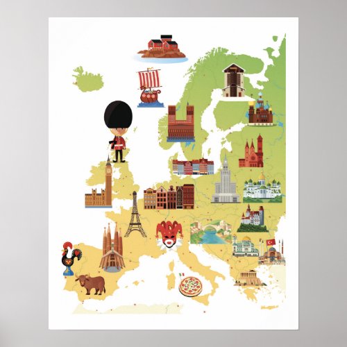 European Cartoon Map Poster