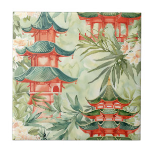 European Chinoiserie Pagoda Forest Watercolor Ceramic Tile
