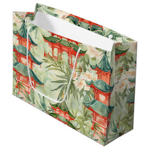 European Chinoiserie Pagoda Forest Watercolor Large Gift Bag