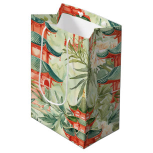 European Chinoiserie Pagoda Forest Watercolor Medium Gift Bag