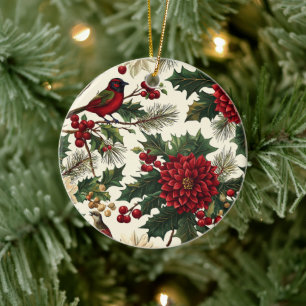 European Christmas Poinsettia Cream Red Green Ceramic Ornament
