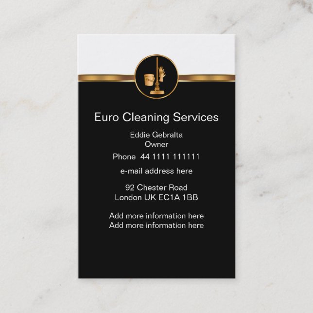 European English Classy Cleaning Service Business Card (Front)