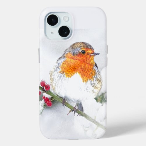 European English Robin Bird Winter Holly Berries iPhone 15 Case