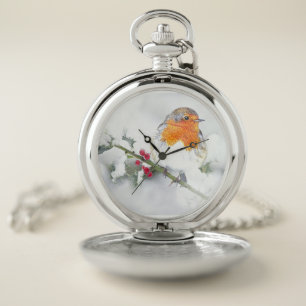 European English Robin Bird Winter Holly Berries Pocket Watch