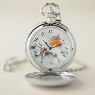 European English Robin Bird Winter Holly Berries Pocket Watch
