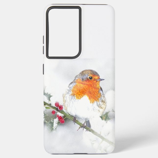 European English Robin Bird Winter Holly Berries  Samsung Galaxy Case (Back)