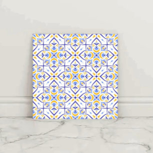 European Floral Blue and Gold Geometric Mosaic Ceramic Tile