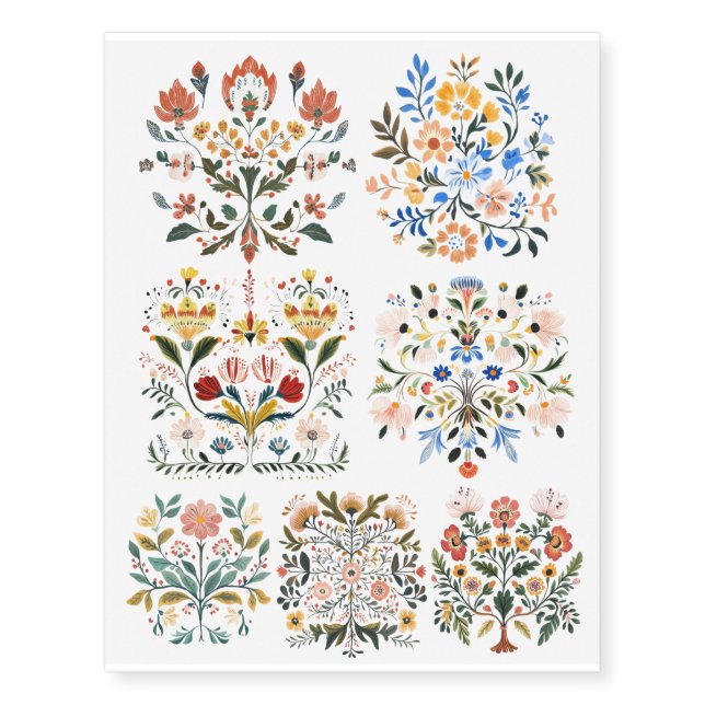 European Floral Folk Art Emblem Artist Temporary Tattoos (Front)