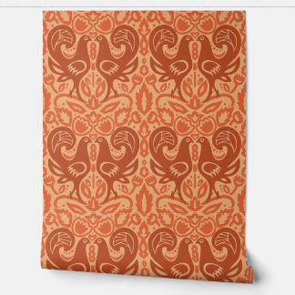 European Folk Art Orange Red Bird Floral Pattern Wallpaper
