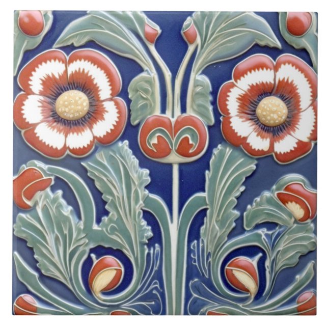 European Folk Art Swirling Red Flowers Ceramic Tile (Front)