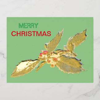 European Holly Christmas Gold Foil Postcard
