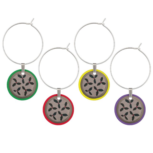 European Holly Cust. Christmas Mosaic Wine Charms (Staggered)
