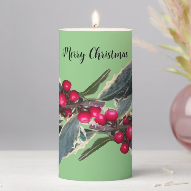 European Holly Cust. Green Pillar Candle (In Situ)