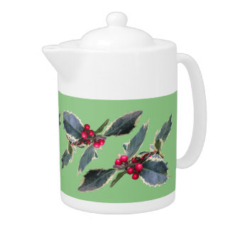 European Holly Cust. Green Teapot