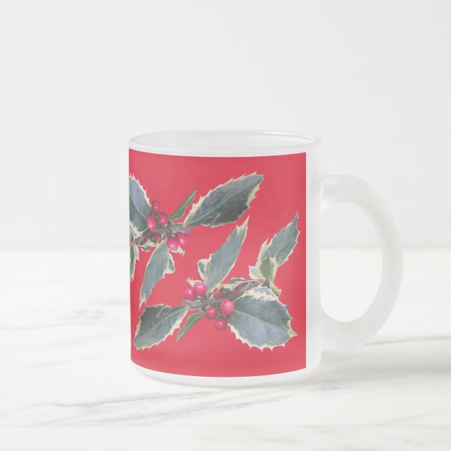 European Holly Cust. Red Frosted Glass Mug (Right)