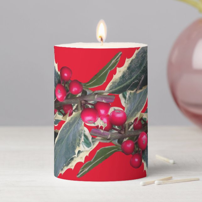 European Holly Cust. RED Pillar Candle (In Situ)