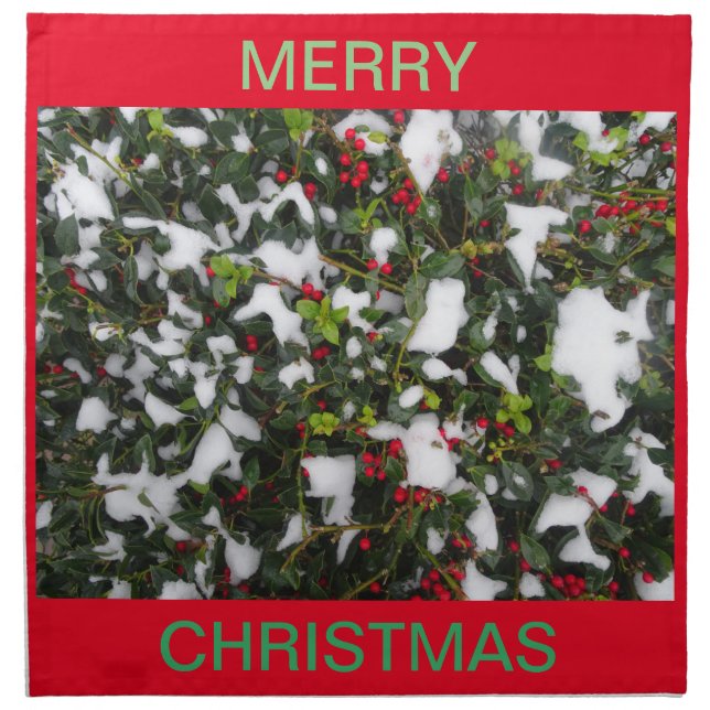 European Holly Merry Christmas Cloth Napkin (Front)