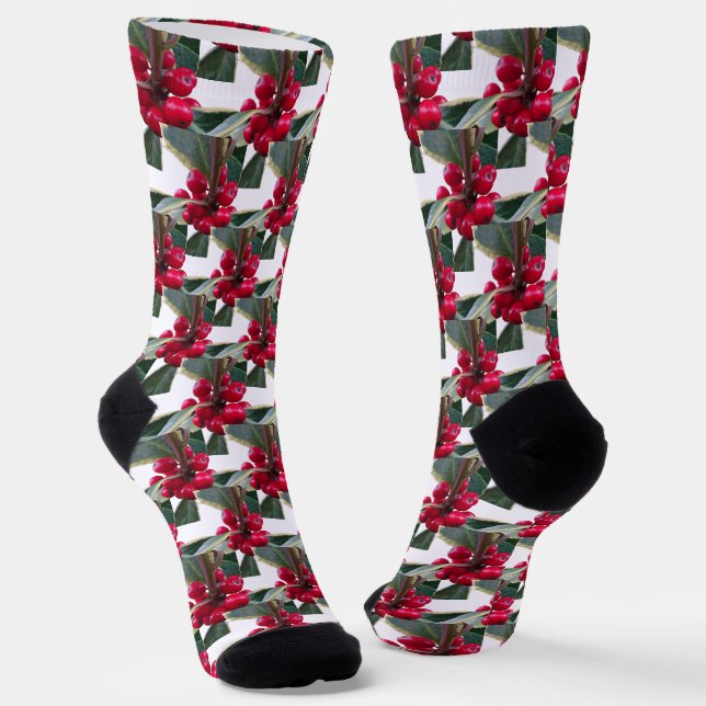 European Holly Pattern Christmas Crew Socks (Angled)
