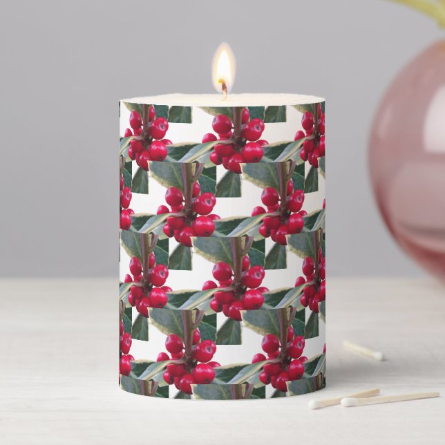 European Holly Pattern Christmas Pillar Candle (In Situ)