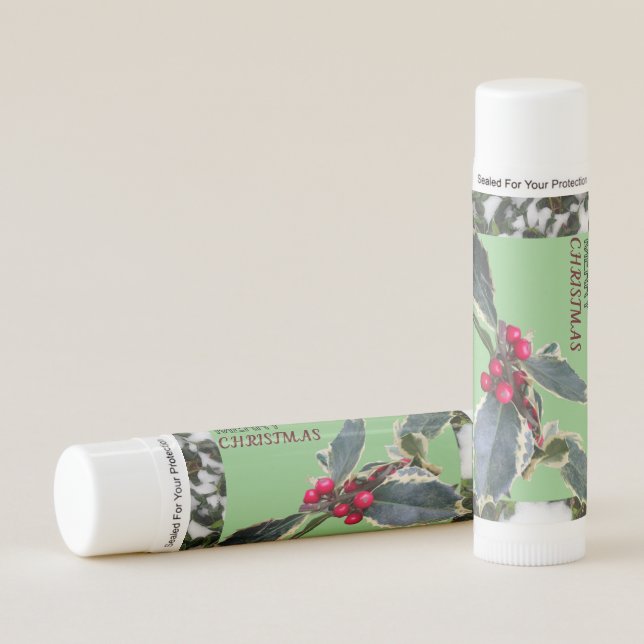 European Holly with Snow MERRY CHRISTMAS Lip Balm (Front)