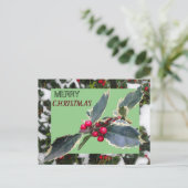 European Holly with Snow Merry Christmas Postcard (Standing Front)