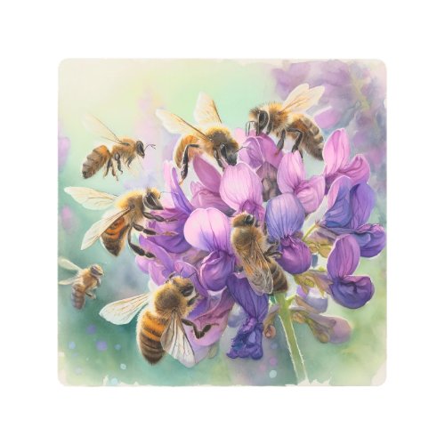 European Honey Bees Gathering Nectar REF205 _ Wate Metal Print