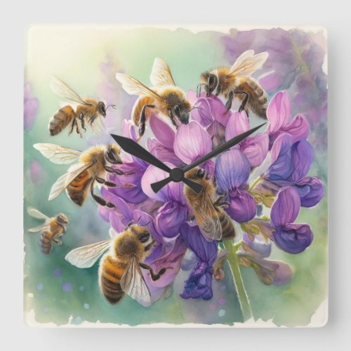European Honey Bees Gathering Nectar REF205 _ Wate Square Wall Clock