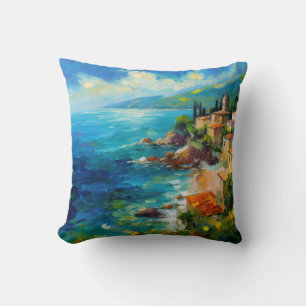 European Italian Coastline Mediterranean Painting Throw Pillow
