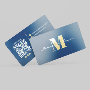 European Luxury Blue Monogram QR Code Foil Spot Gloss Business Cards