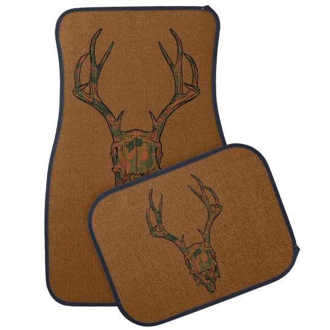 European Mount Jackalope Skull Camo Brown Car Floor Mat (Set)